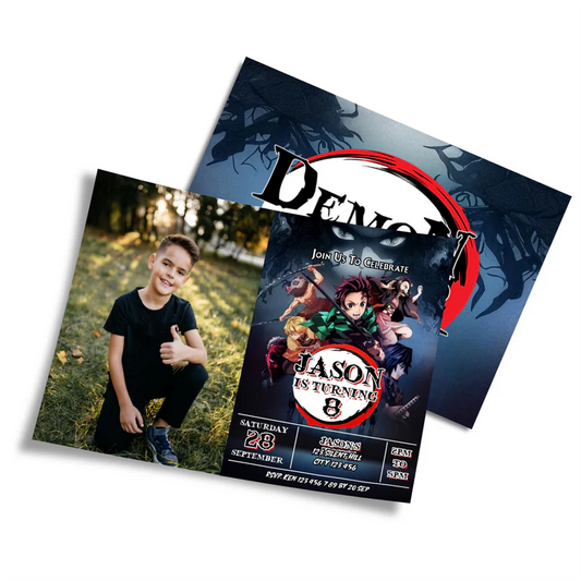 Demon Slayer photo card invitations with anime character designs flat lay
