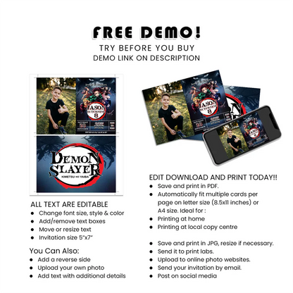 Demon Slayer Photo Card Invitations Custom Anime Party