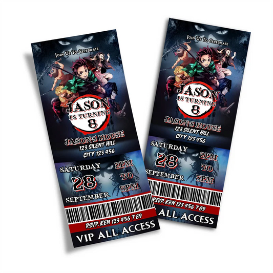 Demon Slayer ticket invitations with anime theme and bold red accents