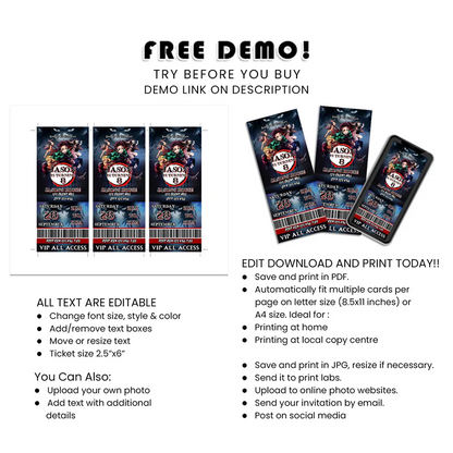 Demon Slayer Birthday Ticket Invitations Editable Design