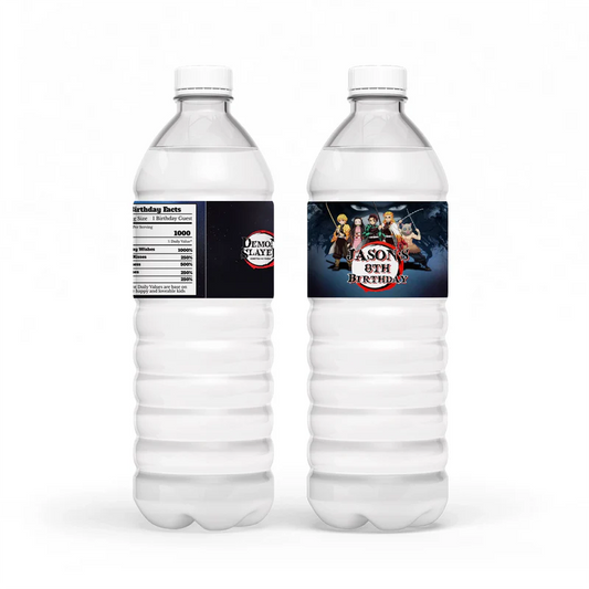 Demon Slayer water bottle label with anime graphics and text details