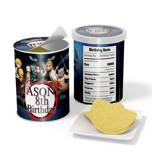 Demon Slayer small Pringles label with anime artwork flat lay