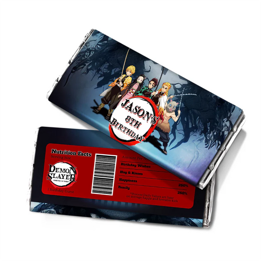 Demon Slayer chocolate label with anime artwork on white background
