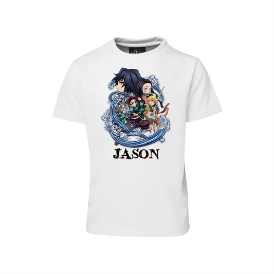 Demon Slayer T-shirt with anime design printed on white cotton flat lay