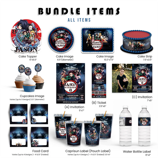 Demon Slayer personalized party pack with custom anime designs on white background