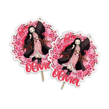 Nezuko Kamado cake topper featuring a custom name and age cutout next to an anime graphic