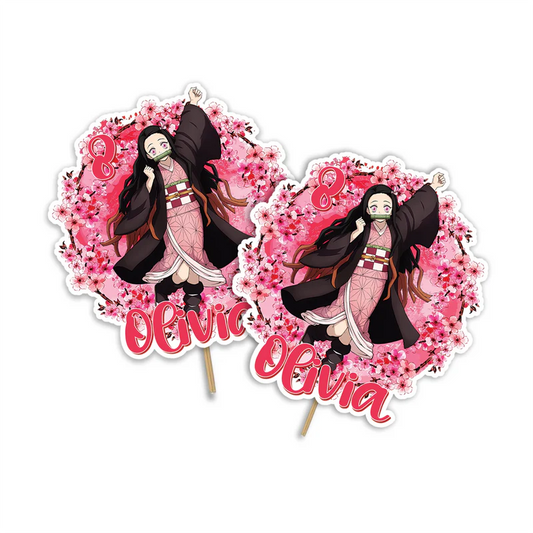 Nezuko Kamado cake topper featuring a custom name and age cutout next to an anime graphic