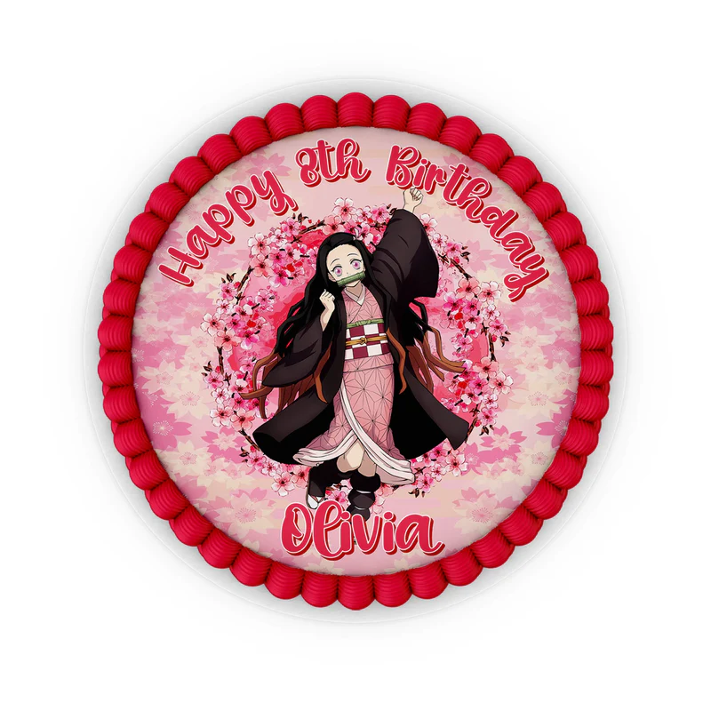 Demon Slayer Nezuko edible icing cake image with a pink background displayed on a round frosted cake
