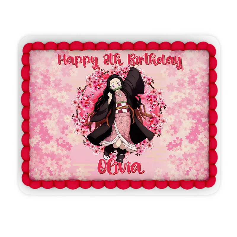 Demon Slayer Nezuko sheet cake image template showcasing a personalized happy birthday message on white icing