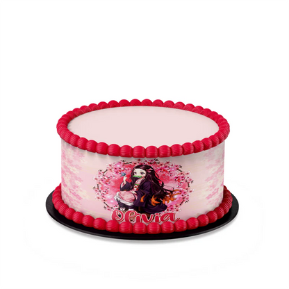 Demon Slayer Nezuko cake strips mockup showing pink checkered patterns wrapped around a white tiered cake