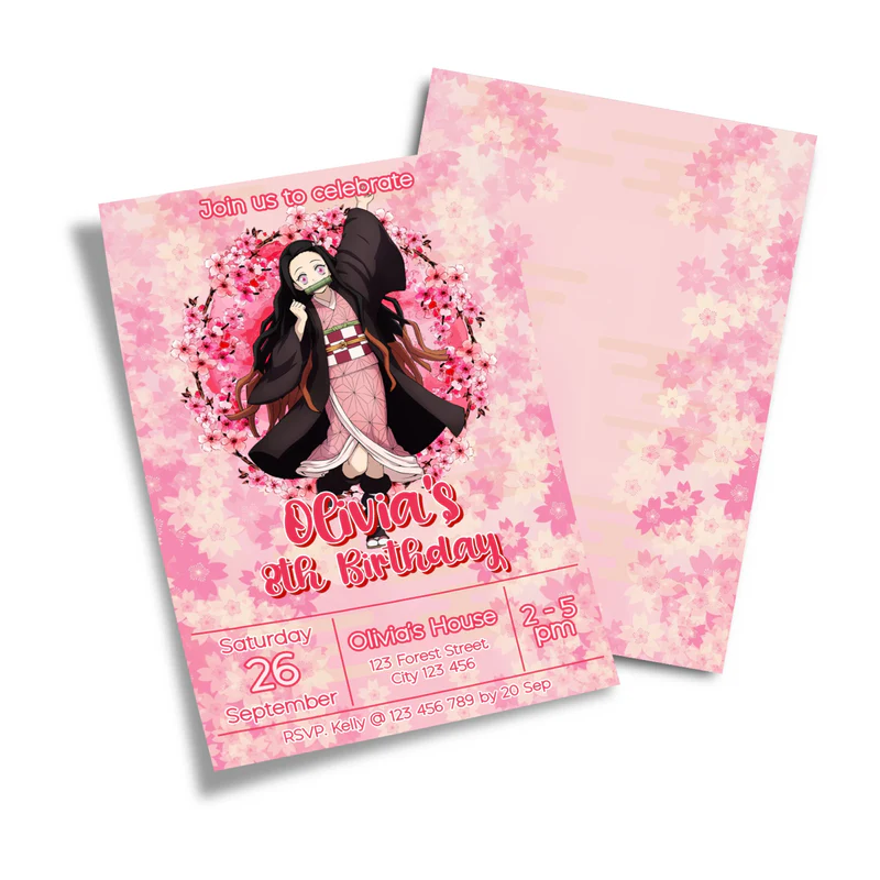 Demon Slayer Nezuko birthday invitation template featuring a pink cherry blossom border on a white background