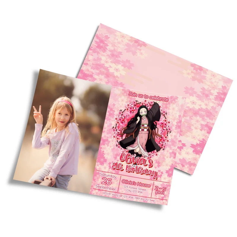 Demon Slayer Nezuko photo invitation mockup showing a custom birthday template with a square picture placeholder