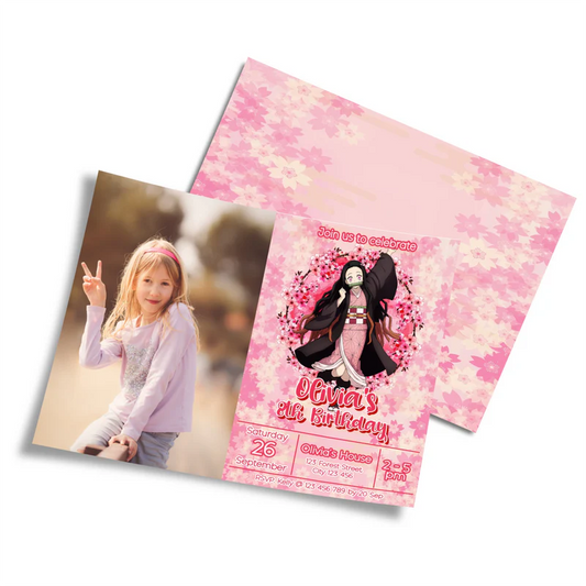Demon Slayer Nezuko photo invitation mockup showing a custom birthday template with a square picture placeholder