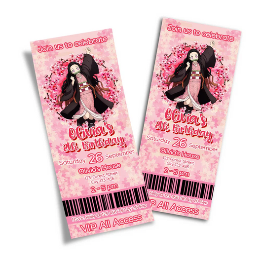 Demon Slayer Nezuko ticket invitation layout designed as a pink and green anime concert admission pass