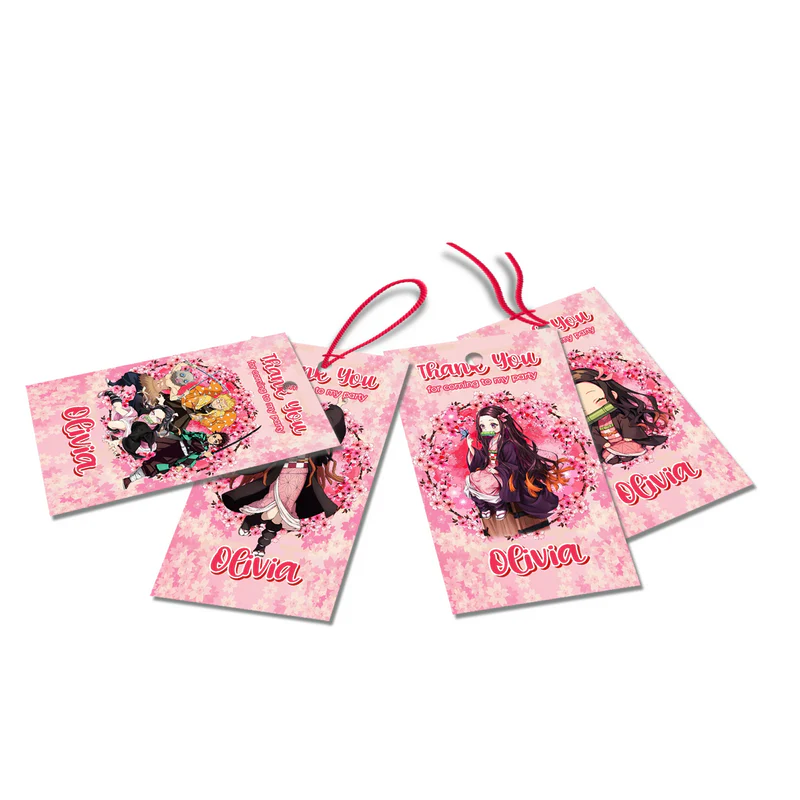 Demon Slayer Nezuko thank you tags featuring pink checkered borders and custom text on a white table flat lay