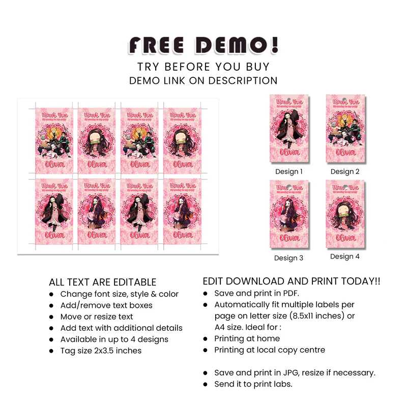 Demon Slayer Nezuko Favor Tags Custom Thank You Label