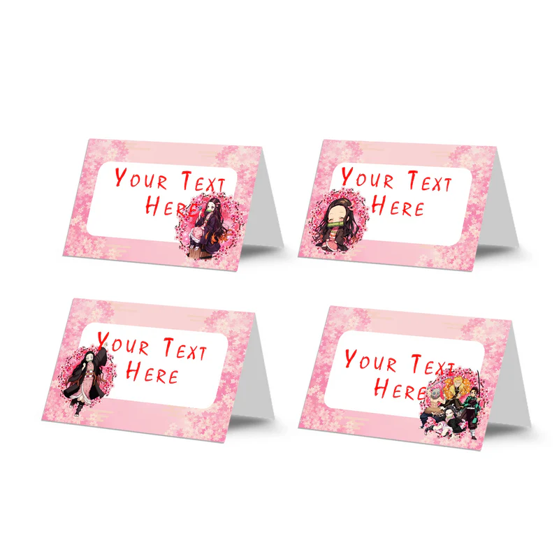 Demon Slayer Nezuko food cards showing tented buffet labels with pink anime graphics on a wooden surface