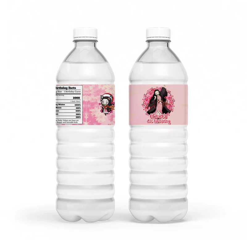 Demon Slayer Nezuko water bottle labels wrapped around plastic bottles displaying a personalized name graphic