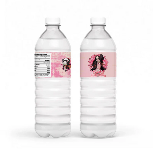Demon Slayer Nezuko water bottle labels wrapped around plastic bottles displaying a personalized name graphic