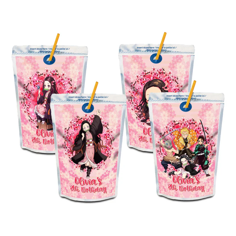 Demon Slayer Nezuko juice pouch label template featuring a vibrant pink character design on a silver pouch mockup