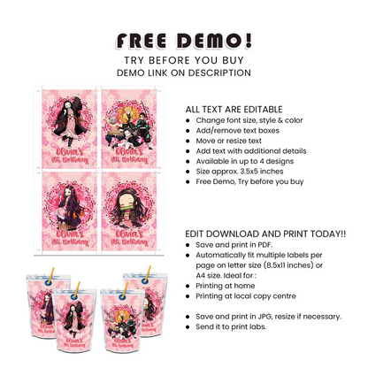 Nezuko Kamado Juice Pouch Label Custom Birthday Drink Wrapper