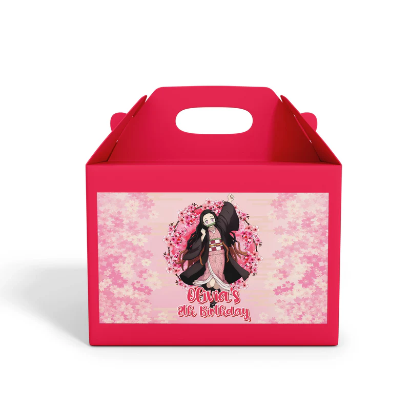 Demon Slayer Nezuko treat box label attached to a pink favor box against a clean white background