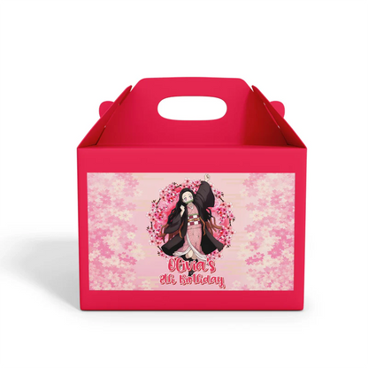Demon Slayer Nezuko treat box label attached to a pink favor box against a clean white background