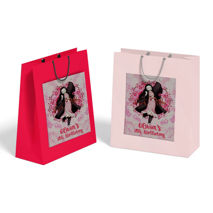 Demon Slayer Nezuko goodie bag label mockup showing a custom anime gift bag with pink patterns on a flat surface