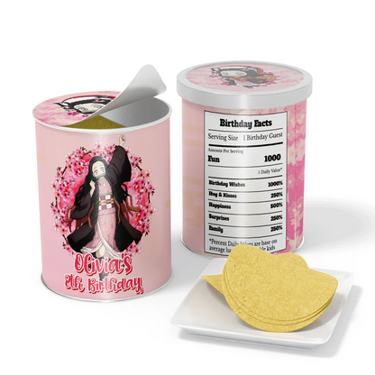 Demon Slayer Nezuko small Pringles label wrapped around a snack can featuring pink bamboo and character art