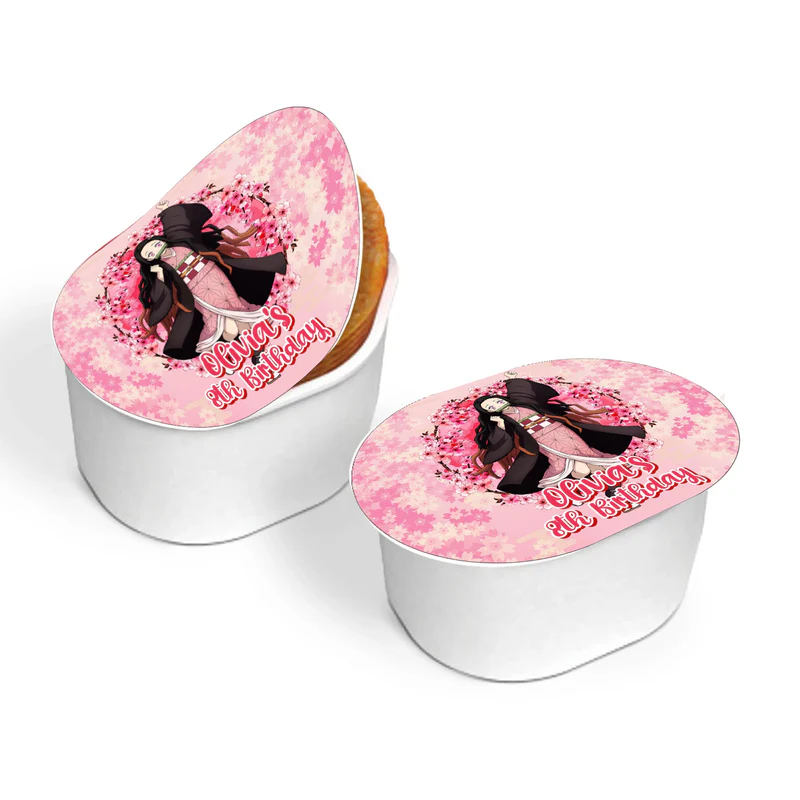 Demon Slayer Nezuko mini Pringles label mockup on a short snack container with a personalized birthday message