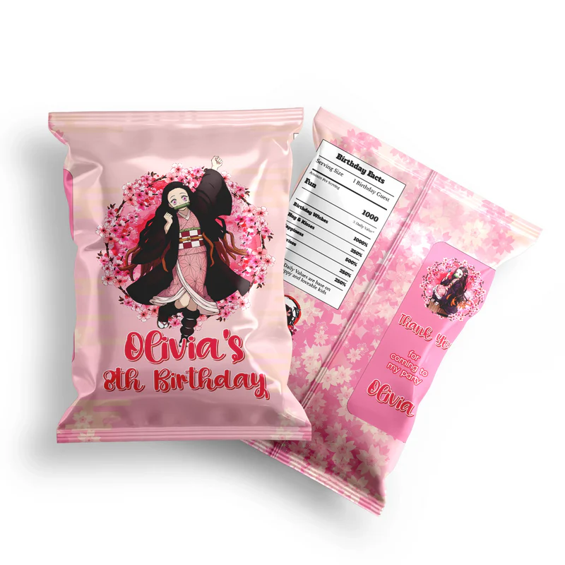Demon Slayer Nezuko chip bag label mockup displaying a custom glossy snack bag with pink anime graphics