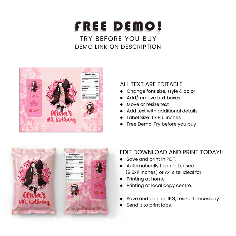 Nezuko Kamado Chip Bag Label Custom Birthday Snack Wrapper