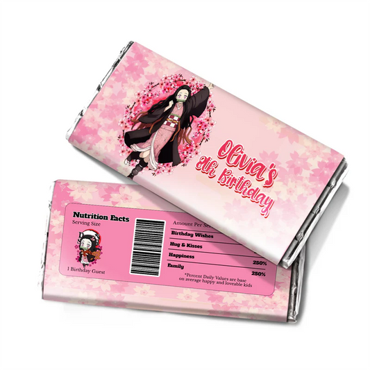 Demon Slayer Nezuko chocolate label wrapped around a candy bar featuring a custom name and green accents