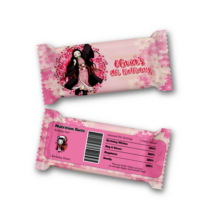 Nezuko Rice Krispies and candy bar labels shown together as matching pink themed treat wrappers