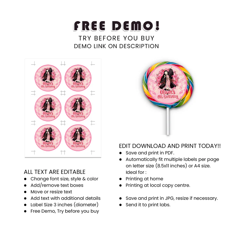 Demon Slayer Nezuko Lollipop Label Custom Round Sticker Wrapper