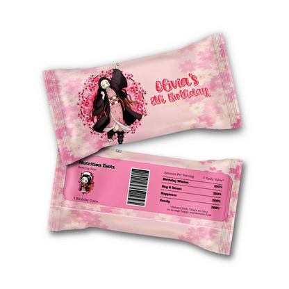 Demon Slayer Nezuko Skittles label template wrapped around a candy bag featuring custom text and bright graphics