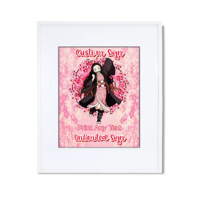 Demon Slayer Nezuko custom sign mockup in a white frame showing a personalized anime party welcome message