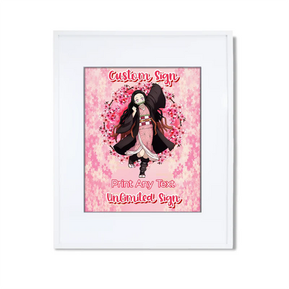 Demon Slayer Nezuko custom sign mockup in a white frame showing a personalized anime party welcome message