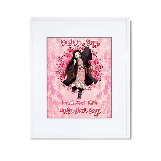 Demon Slayer Nezuko custom sign mockup in a white frame showing a personalized anime party welcome message