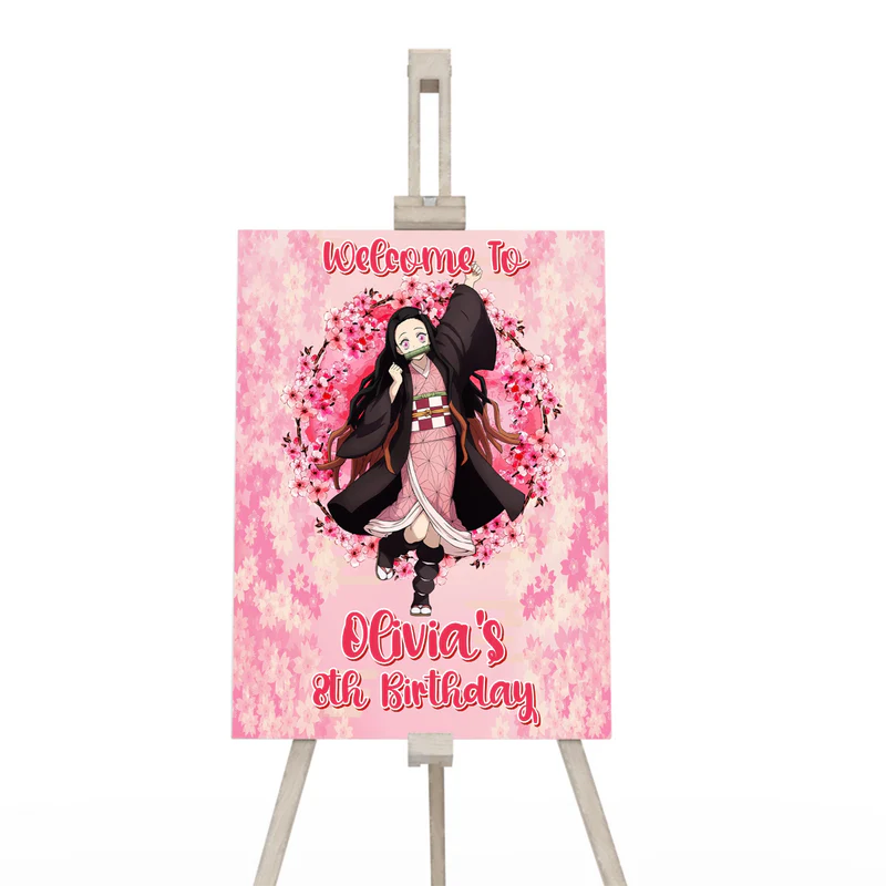Demon Slayer Nezuko welcome sign displayed on an easel featuring a pink cherry blossom border for a party entrance