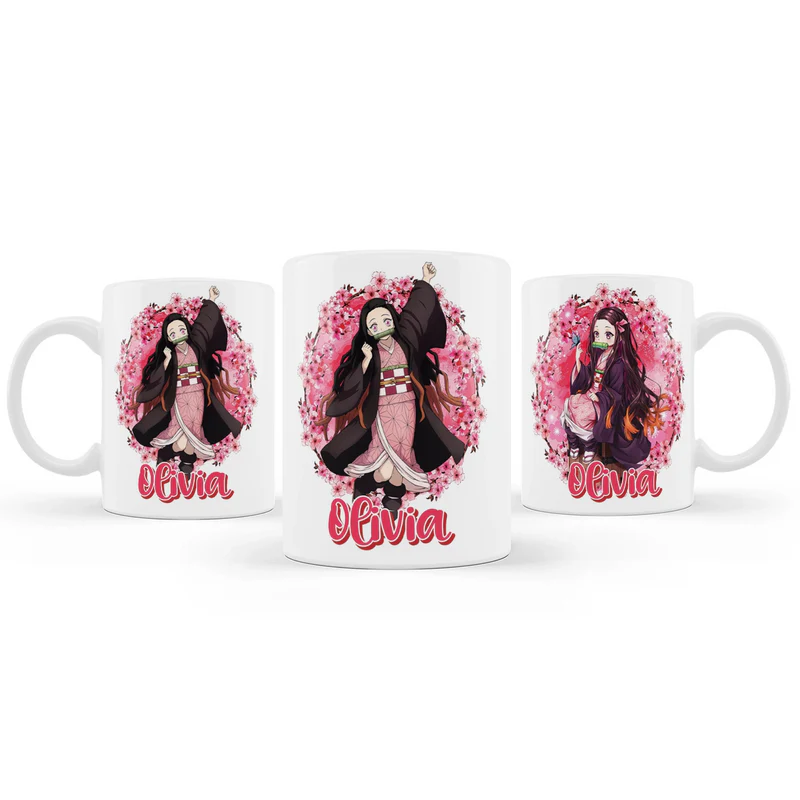 Demon Slayer Nezuko sublimation mug mockup displaying a ceramic cup with a vibrant wrap around pink graphic