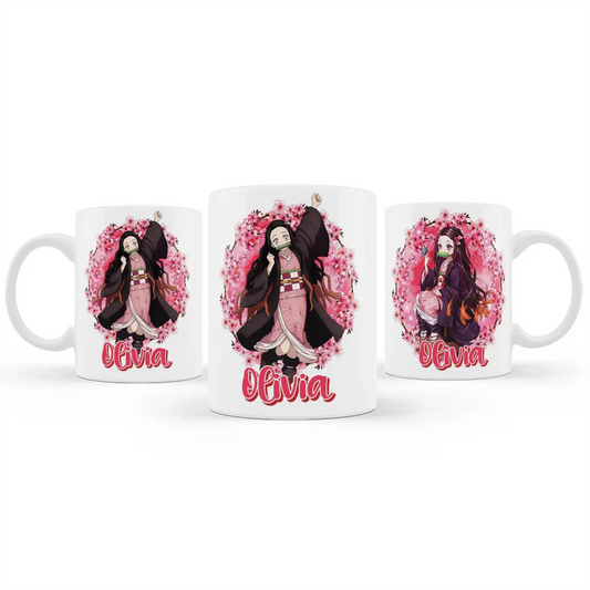 Demon Slayer Nezuko sublimation mug mockup displaying a ceramic cup with a vibrant wrap around pink graphic