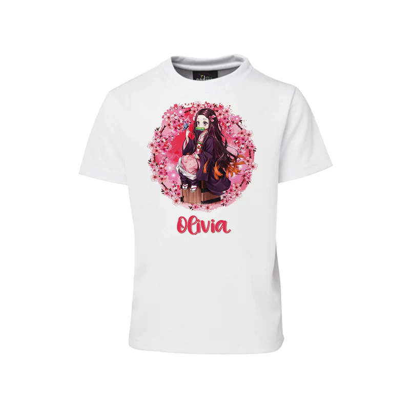 Demon Slayer Nezuko sublimation t-shirt flat lay featuring a white cotton shirt with a custom heat transfer print