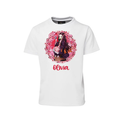 Demon Slayer Nezuko sublimation t-shirt flat lay featuring a white cotton shirt with a custom heat transfer print