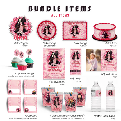 Demon Slayer Nezuko party pack template displaying pink and green custom birthday decorations flat lay