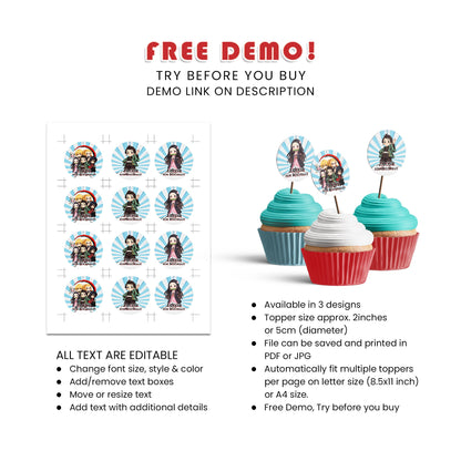Demon Slayer Personalized Cupcakes Toppers : Demon Slayer Themed Personalized Cupcake Toppers for Your Party
