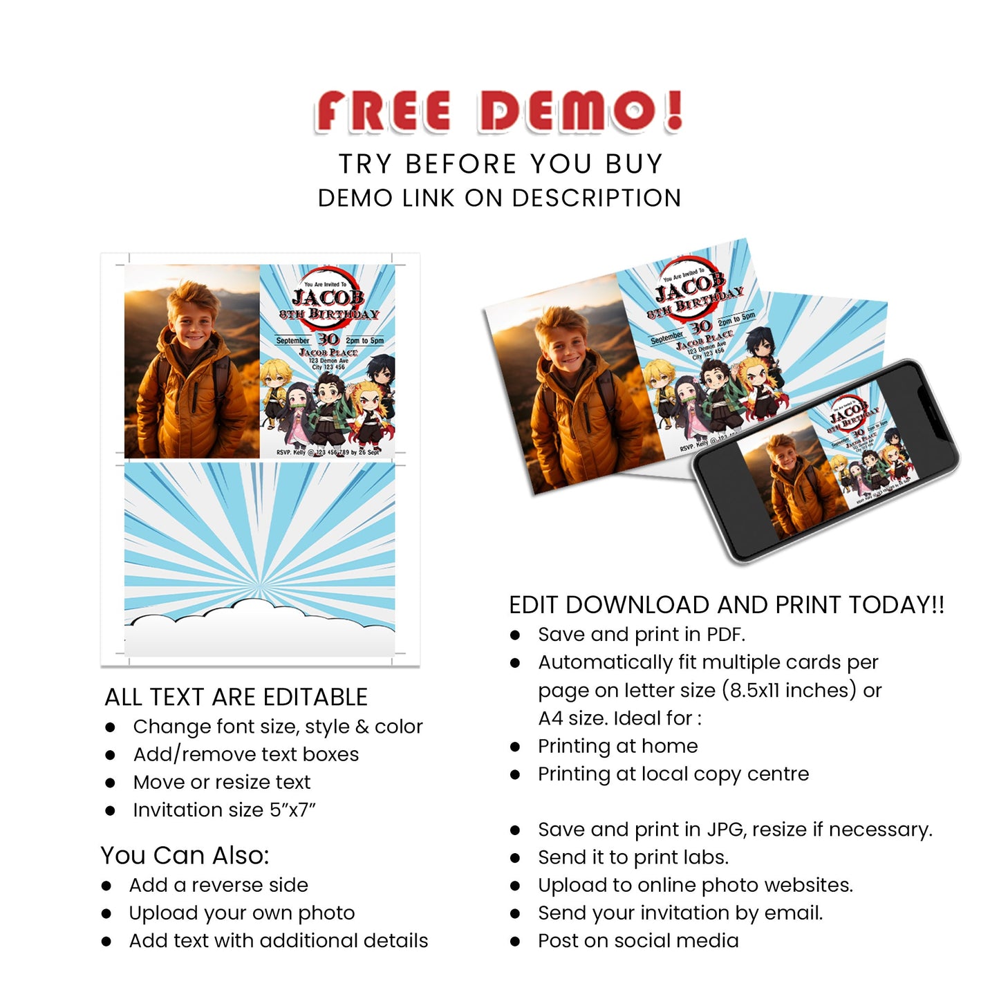Demon Slayer Personalized Photo Card Invitations : Personalized Demon Slayer Photo Card Invitations for Your Event
