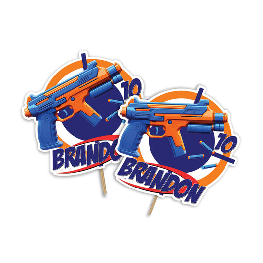 Personalized Nerf-themed cake topper adding a unique touch to your party.