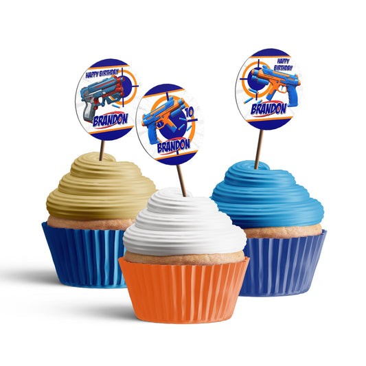 Personalized Nerf-themed cupcake toppers, adding a fun element to your cupcakes.
