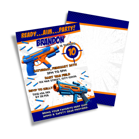 Nerf-themed birthday card invitations, adding a personalized touch to your party invites.